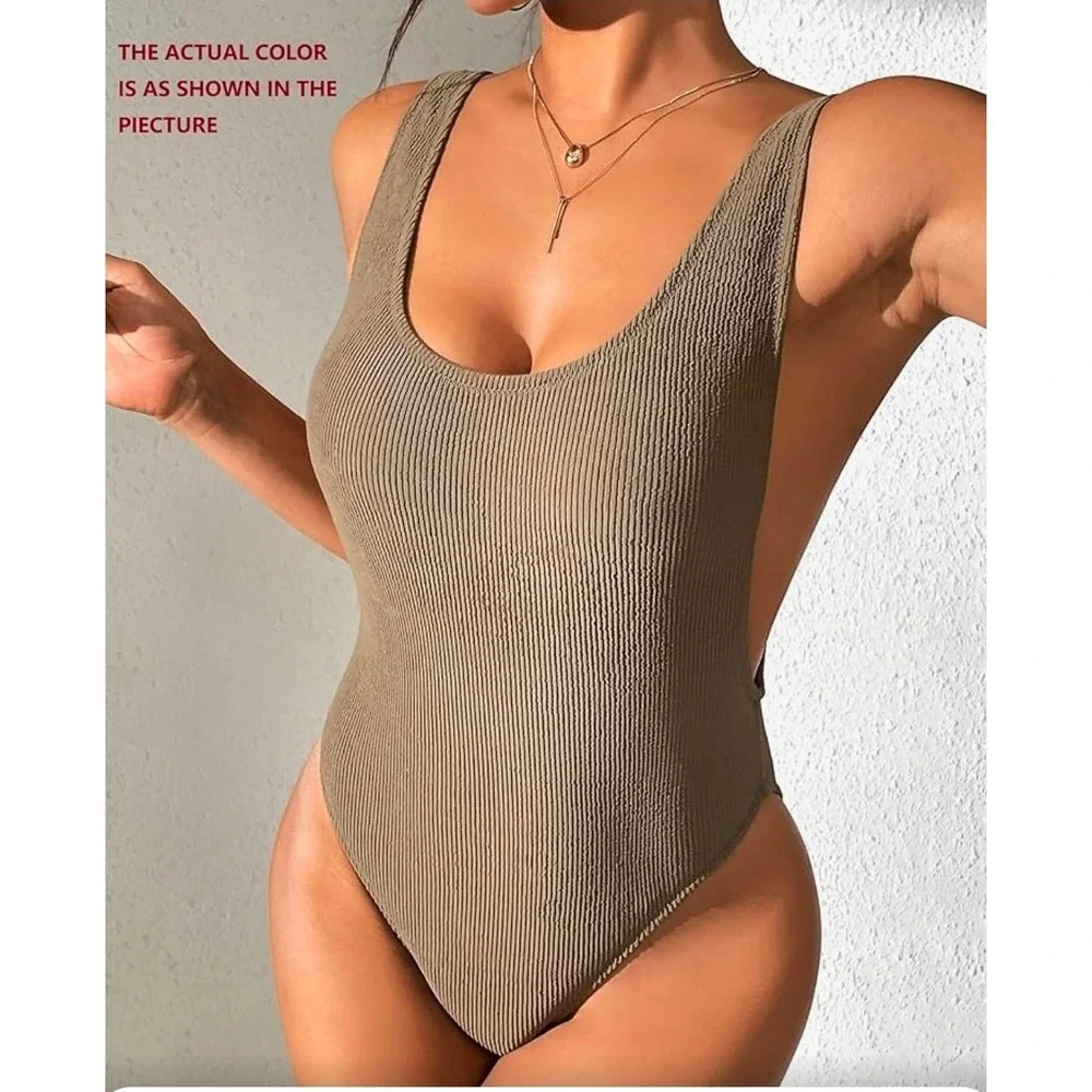 90s Trend Ribbed One Piece Swimsuit Low Cut Side High Leg Olive Green XL 16 - Picture 3 of 5